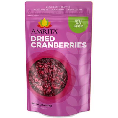 Amrita Dried Cranberries 2 lb | Sweetened with Apple Juice, Unsulfured, Gluten Free, non-GMO, No Preservatives | Packed Fresh in Resealable Bags | Fruit Snacks, Salads, Baking