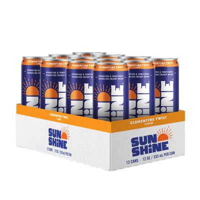 Sunshine Sparkling Energy Drink, Clementine Twist with Daily Essential Vitamins, 360mg of Electrolytes, 70mg of Natural Caffeine, 12 Fl Oz (Pack of 12)