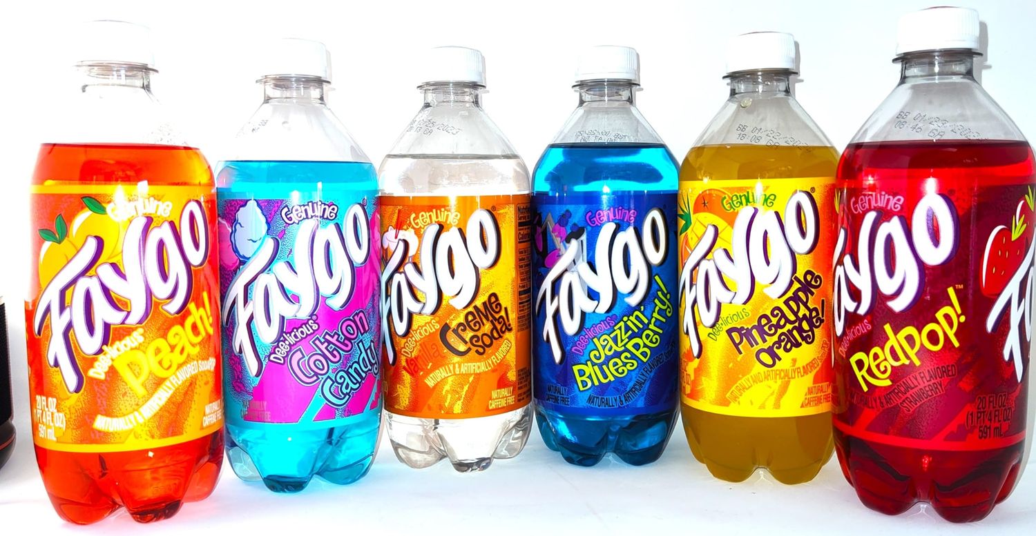 Faygo 20 oz Variety 6 pack - Peach, Cotton Candy, Vanilla Creme Soda, Jazzin Blues Berry, Pineapple Orange and Redpop Red pop Soda Soft Drink