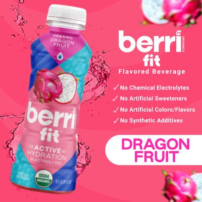 Berri Fit Hydration - Organic Dragon Fruit Flavor Natural Sports Drink - Plant-Based Electrolyte Beverage - Low Calorie, Paleo Coconut Water Solution, 16oz, 12ct