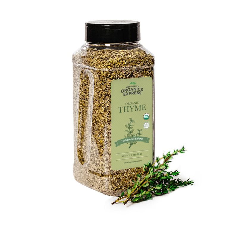 HQOExpress Organic Thyme Leaf - Non GMO, Kosher, USDA Certified Organic Dried Thyme Leaves - Aromatic and Savory Seasoning for Pastas, Soups and Stews, 7 oz. Chef Jar