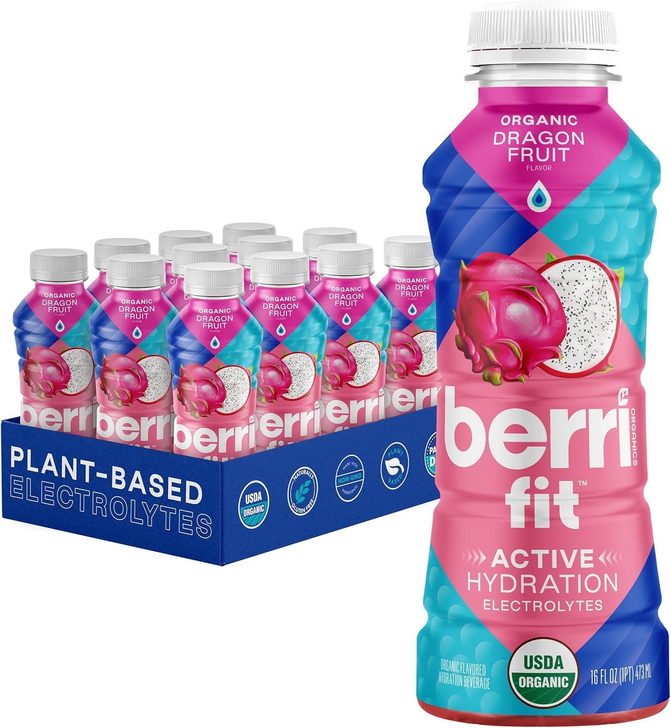 Berri Fit Hydration - Organic Dragon Fruit Flavor Natural Sports Drink - Plant-Based Electrolyte Beverage - Low Calorie, Paleo Coconut Water Solution, 16oz, 12ct