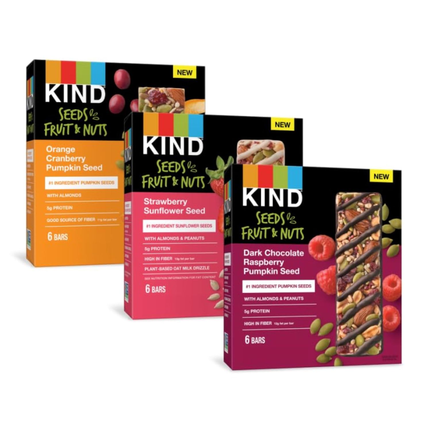 KIND Bars Seeds, Fruit and Nuts Variety Pack, Strawberry, Dark Chocolate Raspberry and Orange Cranberry, Good Source of Fiber, 5g Protein, Gluten Free Snack Bars, 18 Count