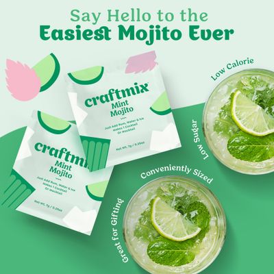 Craftmix Mint Mojito, Makes 12 Drinks, Rum Cocktail Mixers, Instant Skinny Cocktail and Mocktail Mix - Made With Real Fruit - Vegan Low-Carb, Low-Sugar, Non-GMO, Dairy Free, Gluten Free, Easy to Mix