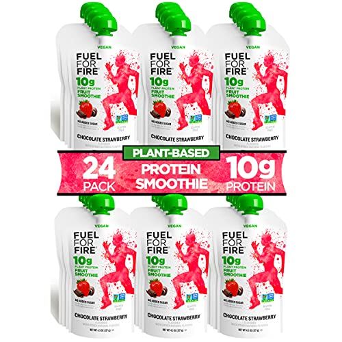 Fuel for Fire VEGAN Protein Smoothie Pouch - Chocolate Strawberry (24-Pk) | Healthy Snack &amp; Recovery | No Sugar Added, Dietitian Approved | Plant Based Functional Fruit Smoothies (4.5oz pouches)