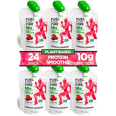 Fuel for Fire VEGAN Protein Smoothie Pouch - Chocolate Strawberry (24-Pk) | Healthy Snack &amp; Recovery | No Sugar Added, Dietitian Approved | Plant Based Functional Fruit Smoothies (4.5oz pouches)
