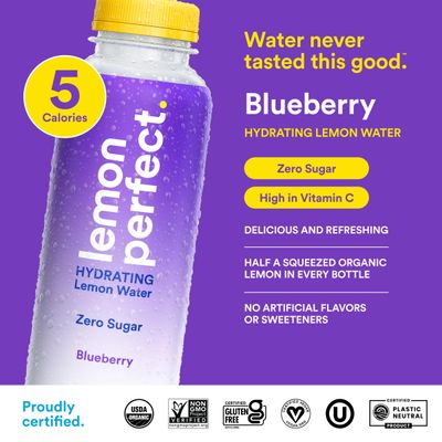 Lemon Perfect Blueberry, Hydrating Flavored Lemon Water, Zero Sugar, Delicious and Refreshing, Organic, 15.2 fl oz Bottle