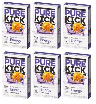 Pure Kick Energy Singles To Go Drink Mix, Mango Acai, 6 Boxes, 6 Packets Per Box (36 Single Servings)