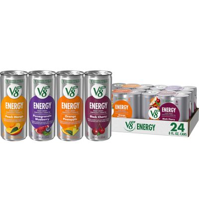 V8 +Energy Peach Mango, Orange Pineapple, Black Cherry and Pomegranate Blueberry Juice Energy Drinks, 8 fl oz Can (24 Pack)