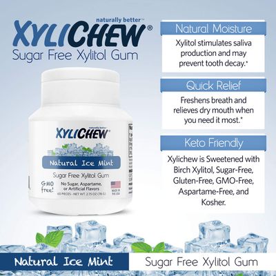 Xylichew 100% Xylitol Chewing Gum - Non GMO, Non Aspartame, Gluten Free, and Sugar Free Gum - Natural Oral Care, Relieves Bad Breath and Dry Mouth - Ice Mint, 60 Count