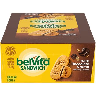 Belvita Breakfast Sandwich Dark Chocolate Creme Breakfast Biscuits, 8 Packs (2 Sandwiches Per Pack)