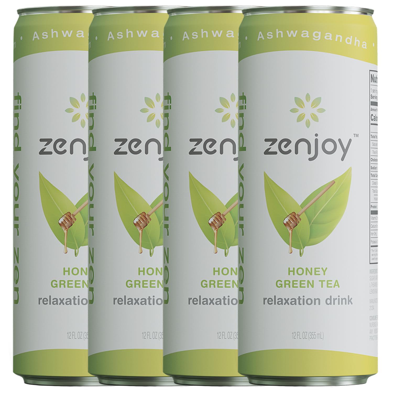 Zenjoy Honey Green Tea Relaxation Drink 4 Pack - Calming Drink with Ashwagandha &amp; Lemon Balm - Non-Alcoholic Beverage Infused with L-Theanine for Enhanced Focus - 12oz Cans
