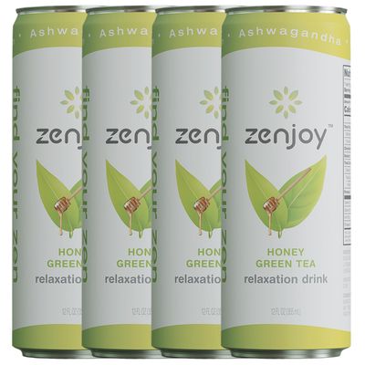 Zenjoy Honey Green Tea Relaxation Drink 4 Pack - Calming Drink with Ashwagandha &amp; Lemon Balm - Non-Alcoholic Beverage Infused with L-Theanine for Enhanced Focus - 12oz Cans