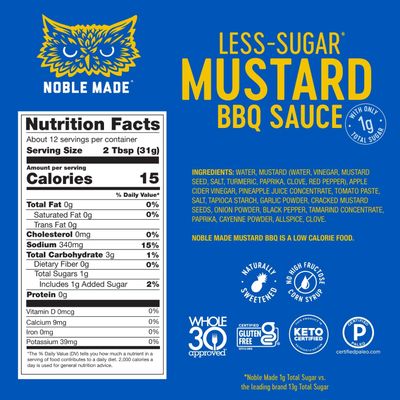 Noble Made Less-Sguar Mustard BBQ Marinade and Dipping Sauce, 13 fl oz Bottle, Mustard BBQ Sauce, Whole30 Approved, Paleo-Certified, Keto, and Gluten-Free, Gold BBQ Sauce with 0g of Fat