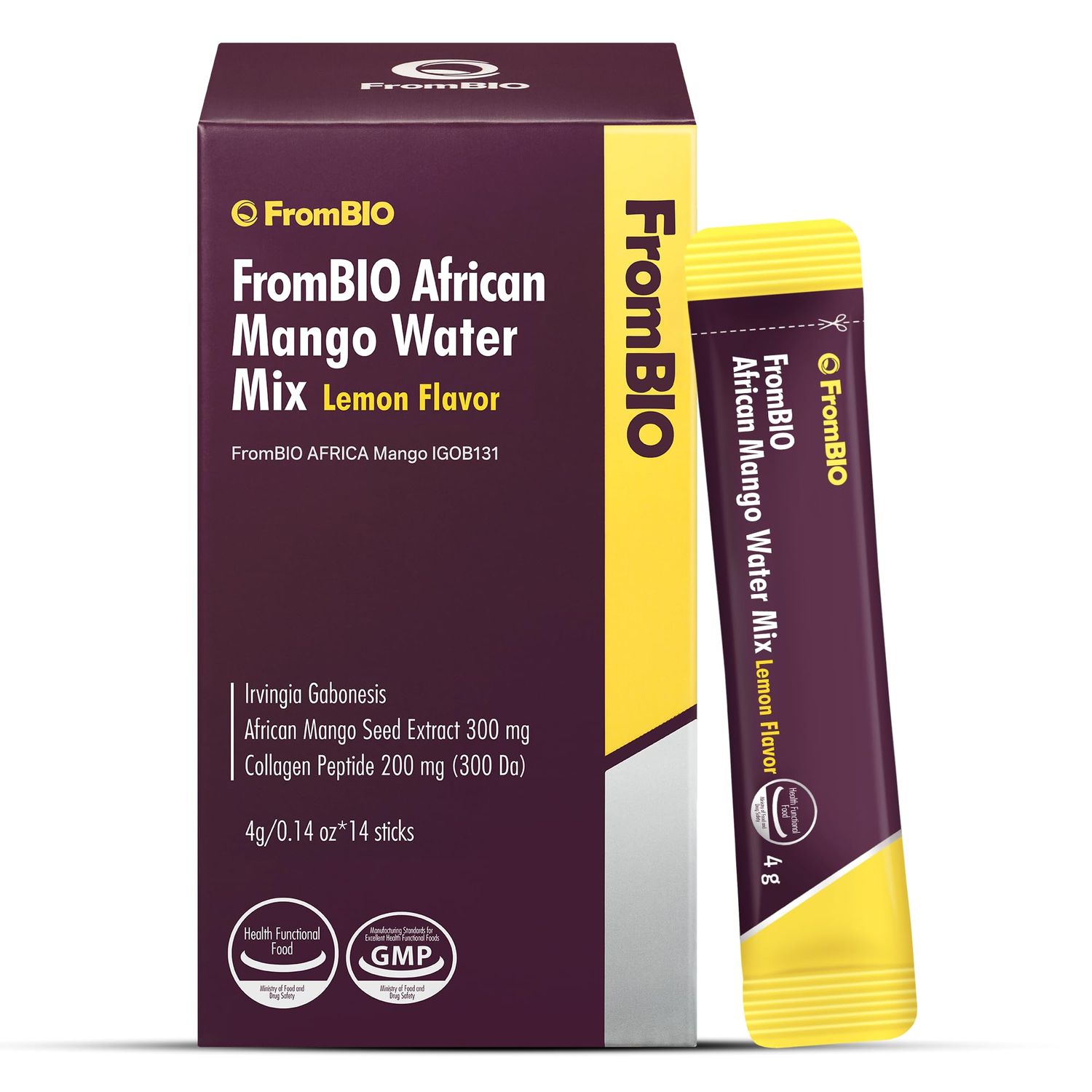 FromBIO African Mango Water Mix (Lemon Flavor 14 Sticks) Irvingia Gabonesis Seed Extract 300mg. Sugar-Free Korean Drink Flavoring Packets for Wellness &amp; Beauty Marine Collagen Peptides