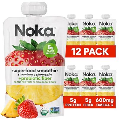 Noka Superfood Fruit Smoothie Pouches, Strawberry Pineapple, Healthy Snacks with Flax Seed, Prebiotic Fiber and Plant Protein, Vegan and Gluten Free, Organic Squeeze Pouch, 4.22 oz, 12 Count