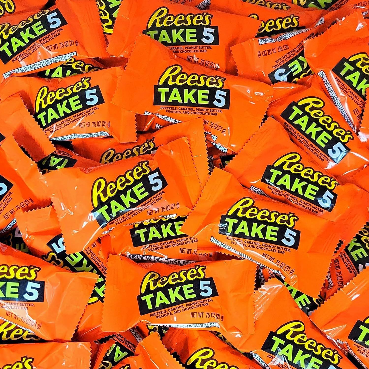 ReesesTake 5 Snack Size Chocolate Bars - Pretzel, Peanut, Caramel, Peanut Butter, and Chocolate Candy - 80+ Individually Wrapped Pieces - 4-Pound Bulk Pack