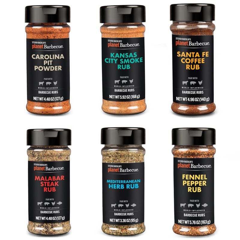 Steven Raichlen&#39;s Planet Barbecue Gourmet BBQ Rubs &amp; Spices Gift Set 6 Pack- Grill Seasonings Set w Worldwide Influenced Flavors- Grilling Gift Set for Men &amp; Women- Gifts for Food &amp; Grill Lovers
