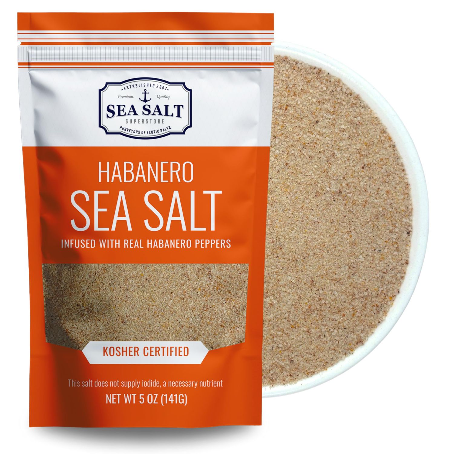 Habanero Sea Salt, Spicy Seasoning Salt Infused with Real Habanero Peppers, Sal Picante de Habanero, 5 oz Pouch - Sea Salt Superstore
