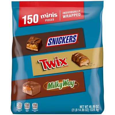 SNICKERS, TWIX, &amp; MILKY WAY Minis Chocolate Candy Bars Variety Pack, 150 Ct Bulk Bag