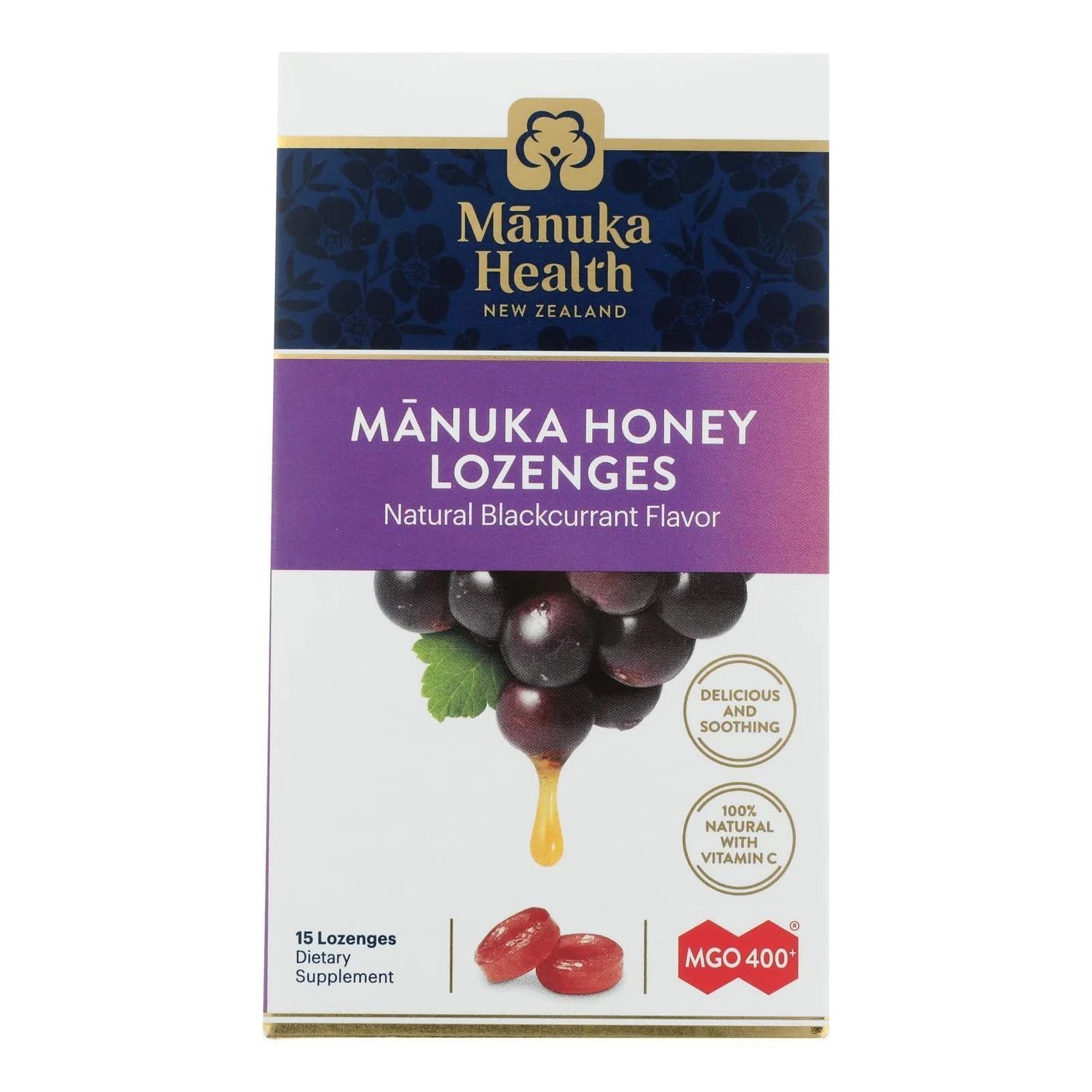 Manuka Health Manuka Honey Lozenges - 15 Blackcurrant Flavored Lozenges - Natural Throat Lozenges Infused with Raw Manuka Honey and Vitamin C for Immune Support