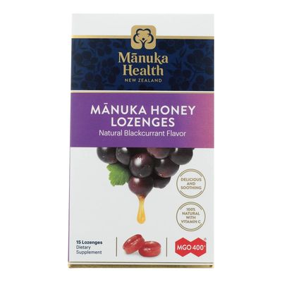 Manuka Health Manuka Honey Lozenges - 15 Blackcurrant Flavored Lozenges - Natural Throat Lozenges Infused with Raw Manuka Honey and Vitamin C for Immune Support