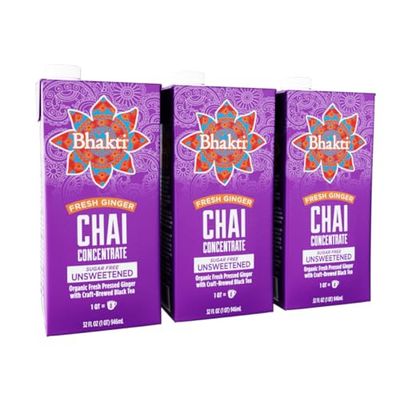 Bhakti Chai Ginger &amp; Black Tea Concentrate | Organic, Vegan, Fair Trade, Kosher, Gluten-Free, Sugar-Free | Original (Unsweetened), 32 oz (Pack of 3)