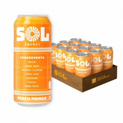 Sol Energy - Natural Energy Drink - Healthy Sugar Free Formula - Naturally Sweetened with Stevia and Monk Fruit - 150mg of Caffeine - Low Calorie - Peach Mango Flavor - 16oz cans (Pack of 12)