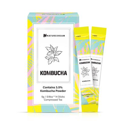 NATUREDREAM Kombucha Powder Water Mix (2.47 oz, 14 servings) - Sparkling Fermented Beverage. Vitamin C 500mg, Dietary Fiber 840mg, Chicory.
