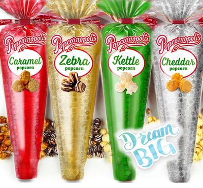 Popcornopolis Gourmet Popcorn - Premium Pack of 4 Popcorn Mini Cones &amp; Exclusive Inspirational Sticker! Small Storage Space Friendly &amp; Great Stocking Stuffers!