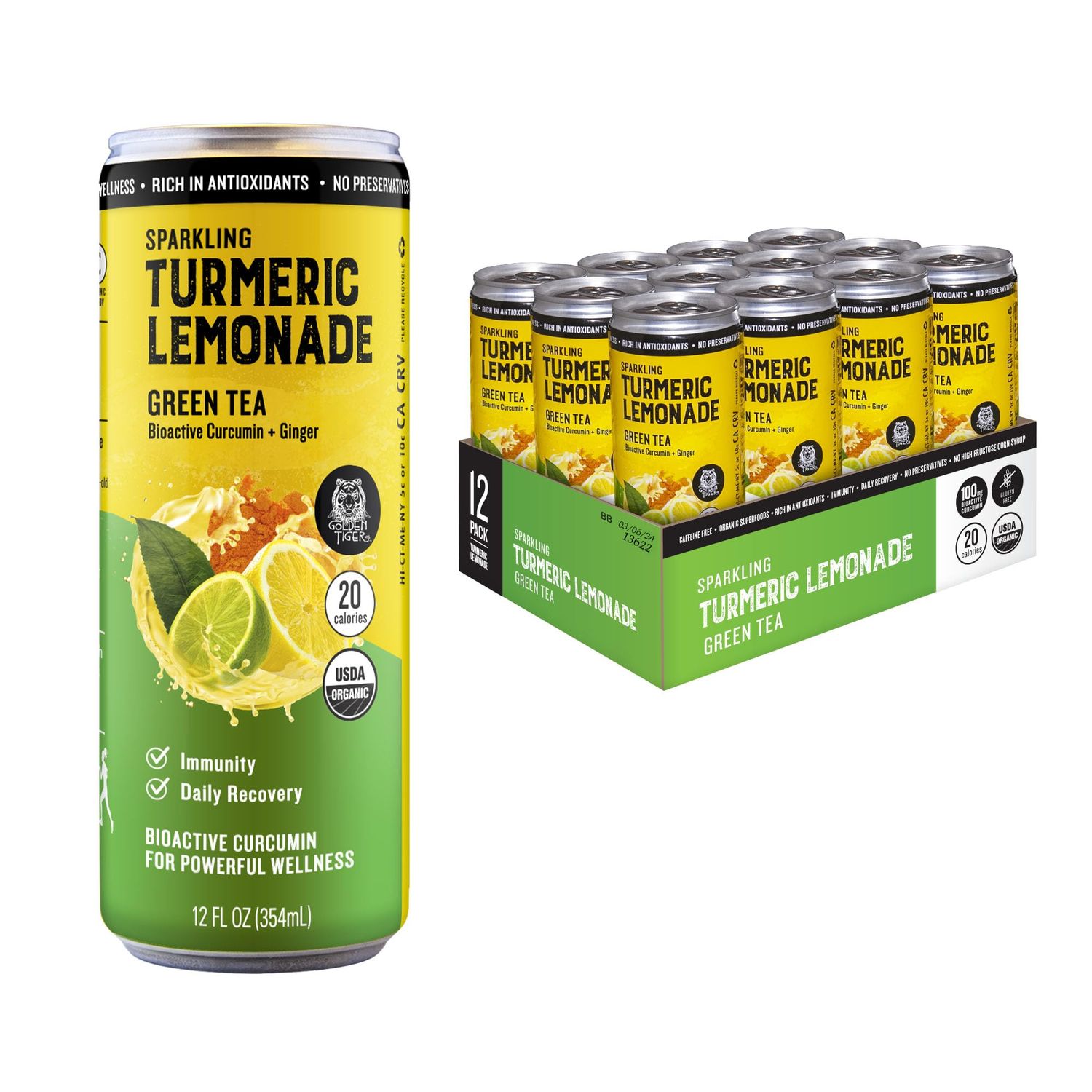 Golden Tiger Sparkling Turmeric Lemonade, Green Tea with Ginger, Organic Superfoods, and Antioxidants for Recovery, Immunity, and Daily Wellness | Lightly Caffeinated | 12 cans, 20 Calories
