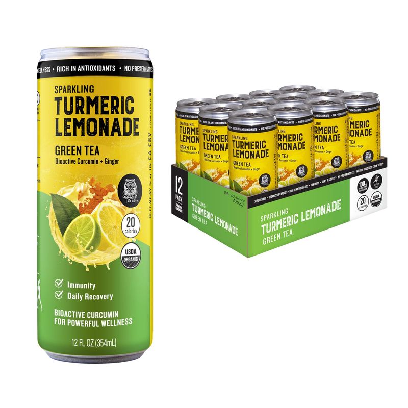 Golden Tiger Sparkling Turmeric Lemonade, Green Tea with Ginger, Organic Superfoods, and Antioxidants for Recovery, Immunity, and Daily Wellness | Lightly Caffeinated | 12 cans, 20 Calories