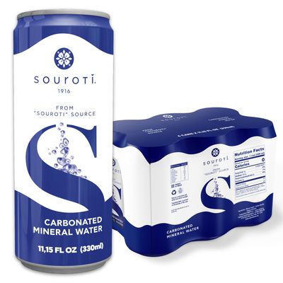 SOUROTI Sparkling Unflavored Carbonated Mineral Water |Healthy Beverage rich in minerals and trace elements | 6-Pack, 330ml Tins | Imported from Greece