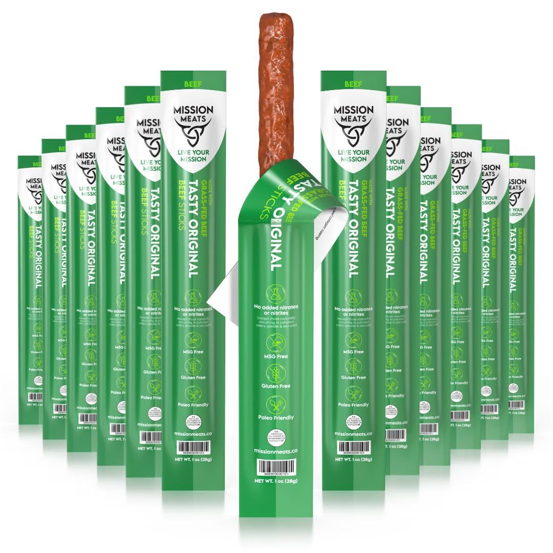 Mission Meats Grass Fed Beef Sticks - Sugar Free Beef Sticks, Gluten Free, Whole 30, Paleo, Keto Meat Sticks, Sugar Free Jerky Beef Sticks Individually Wrapped, 1oz (Original, Pack of 12)