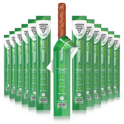 Mission Meats Grass Fed Beef Sticks - Sugar Free Beef Sticks, Gluten Free, Whole 30, Paleo, Keto Meat Sticks, Sugar Free Jerky Beef Sticks Individually Wrapped, 1oz (Original, Pack of 12)