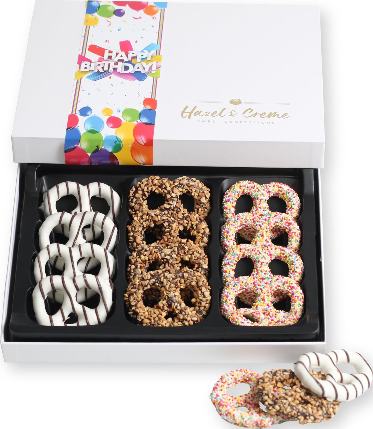 Hazel &amp; Creme Chocolate Covered Pretzels - HAPPY BIRTHDAY Chocolate Gift Box - Gourmet Food Gift (Large Box)