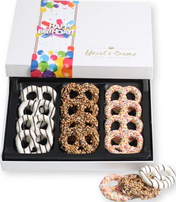 Hazel &amp; Creme Chocolate Covered Pretzels - HAPPY BIRTHDAY Chocolate Gift Box - Gourmet Food Gift (Large Box)