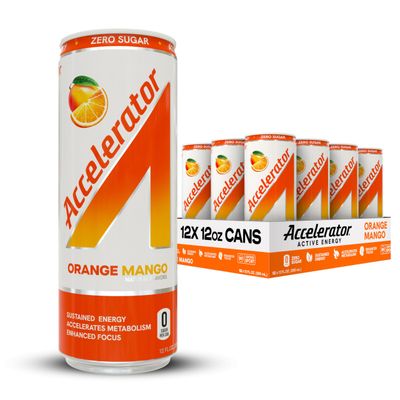 Accelerator Active Energy Drink, Orange Mango, 12 Fl Oz Can (Pack of 12), Sugar Free, NSF Certified Sport, Sustained Energy, Accelerates Metabolism, Enhanced Focus