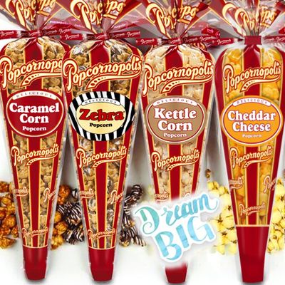 Popcornopolis Gourmet Popcorn - Premium Pack of 4 Popcorn Mini Cones &amp; Exclusive Inspirational Sticker! Small Storage Space Friendly &amp; Great Stocking Stuffers!