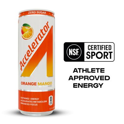 Accelerator Active Energy Drink, Orange Mango, 12 Fl Oz Can (Pack of 12), Sugar Free, NSF Certified Sport, Sustained Energy, Accelerates Metabolism, Enhanced Focus