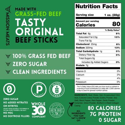 Mission Meats Grass Fed Beef Sticks - Sugar Free Beef Sticks, Gluten Free, Whole 30, Paleo, Keto Meat Sticks, Sugar Free Jerky Beef Sticks Individually Wrapped, 1oz (Original, Pack of 12)