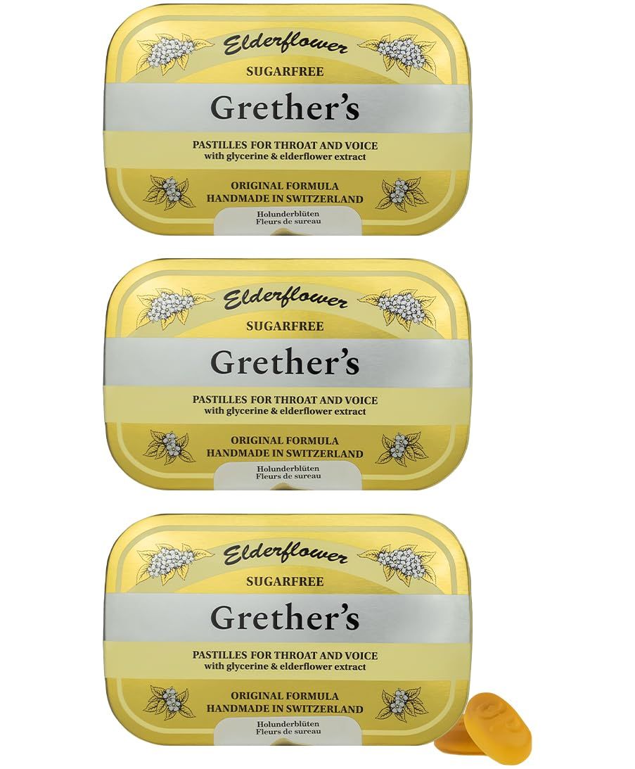 GRETHER&#39;S Sugarfree ElderFlower Pastilles - Natural Dry Mouth Relief - Soothing Throat &amp; Healthy Voice - Gift for Singers - 2.1 oz. 3-Pack