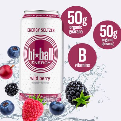 Hiball Energy Seltzer Water, Caffeinated Sparkling Water Made with Vitamin B12 and Vitamin B6, Sugar Free (8 pack of 16 Fl Oz), Wild Berry