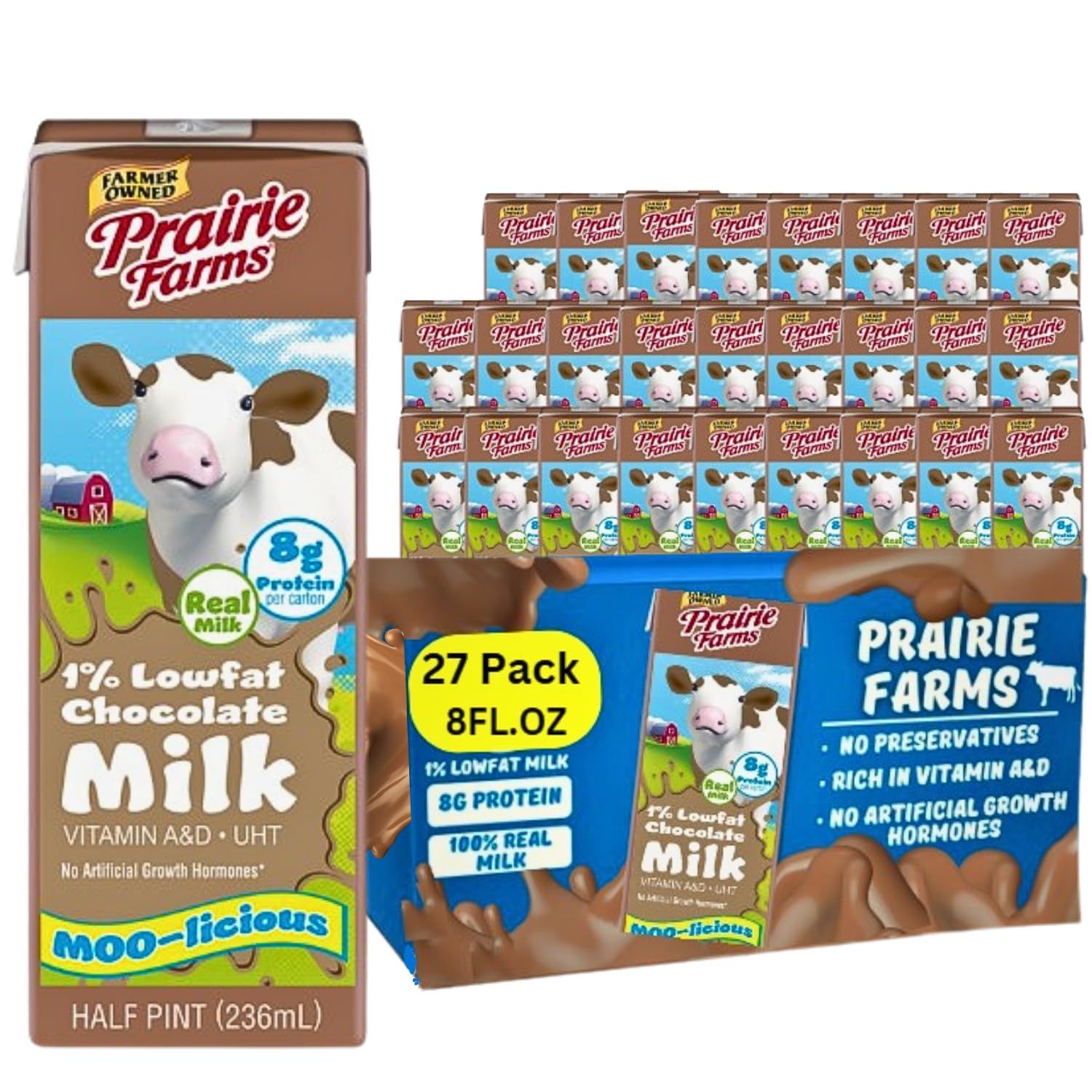 Prairie Farms - Chocolate Milk -Shelf Stable 1% Low Fat Milk, Chocolate Milk Boxes Vitamin D, Kosher - 8 FL oz. (27 Pack)