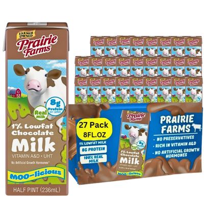 Prairie Farms - Chocolate Milk -Shelf Stable 1% Low Fat Milk, Chocolate Milk Boxes Vitamin D, Kosher - 8 FL oz. (27 Pack)