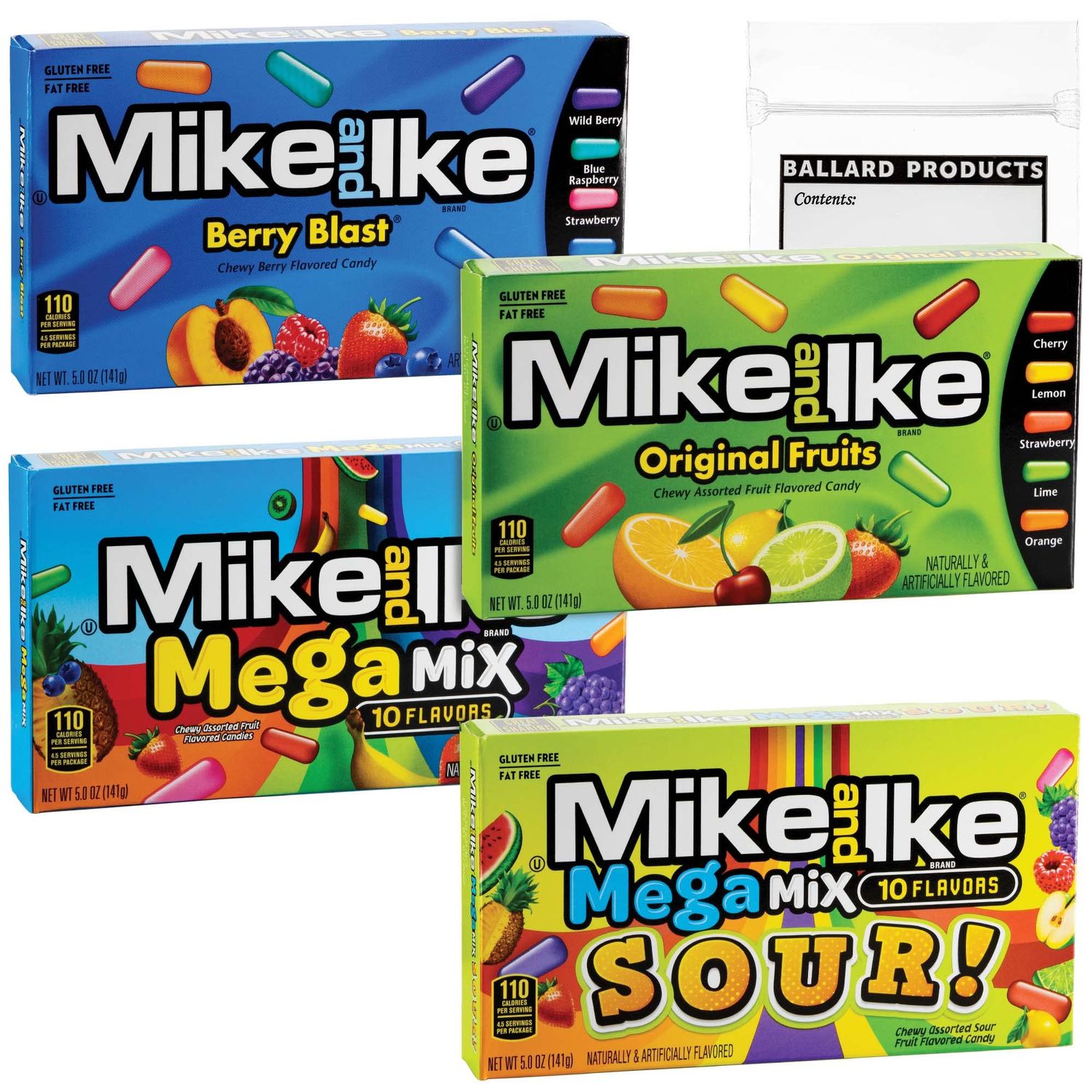 Mike and Ike Movie Theater Chewy Candy Variety - Old Fashioned Candy Bundle with Ballard Products Pocket Bag (Berry Blast, MegaMix, Original Fruits, MegaMix Sour)