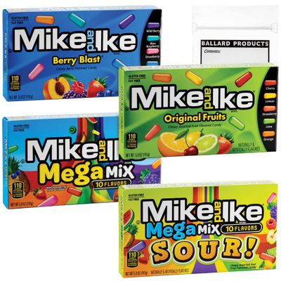 Mike and Ike Movie Theater Chewy Candy Variety - Old Fashioned Candy Bundle with Ballard Products Pocket Bag (Berry Blast, MegaMix, Original Fruits, MegaMix Sour)