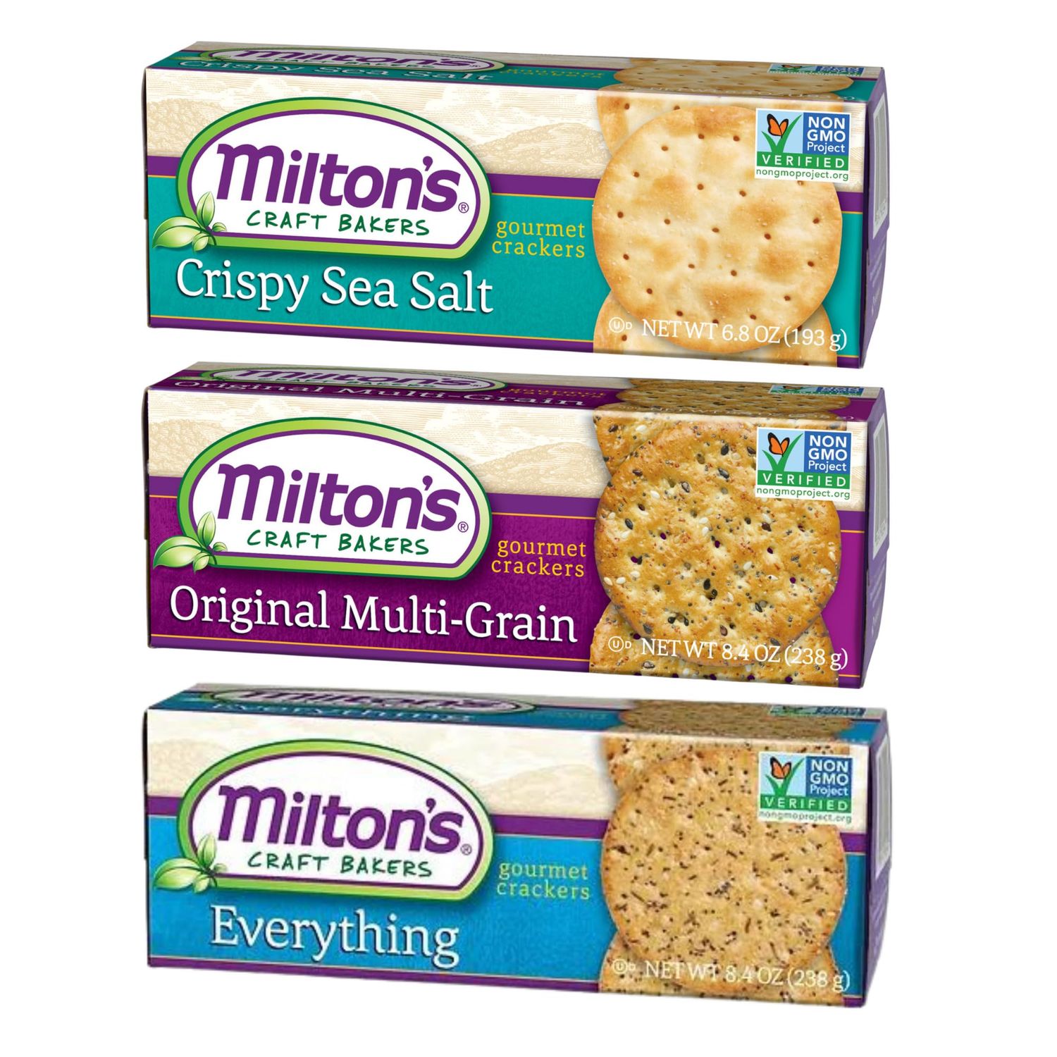 Milton&#39;s Craft Bakers Gourmet Crackers Variety Bundle (Multi-Grain, Everything, Crispy Sea Salt) - Non-GMO Project Verified, All Natural Ingredients, Kosher, Healthy Crackers - 8.4 Oz Each, Pack of 3