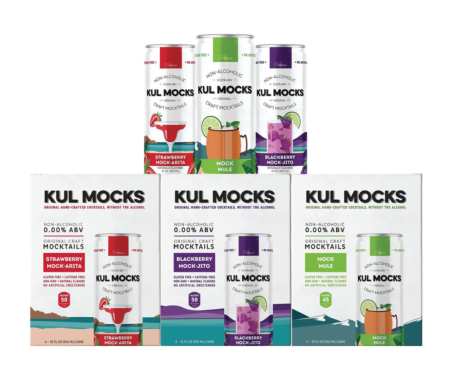 KUL MOCKS - Craft Mocktails | Ready-to-Drink Non-Alcoholic Cocktails | 0.00% ABV | Award Winning | Moscow Mule, Strawberry Margarita, Blackberry Lime Mojito | Variety - 12 Pack