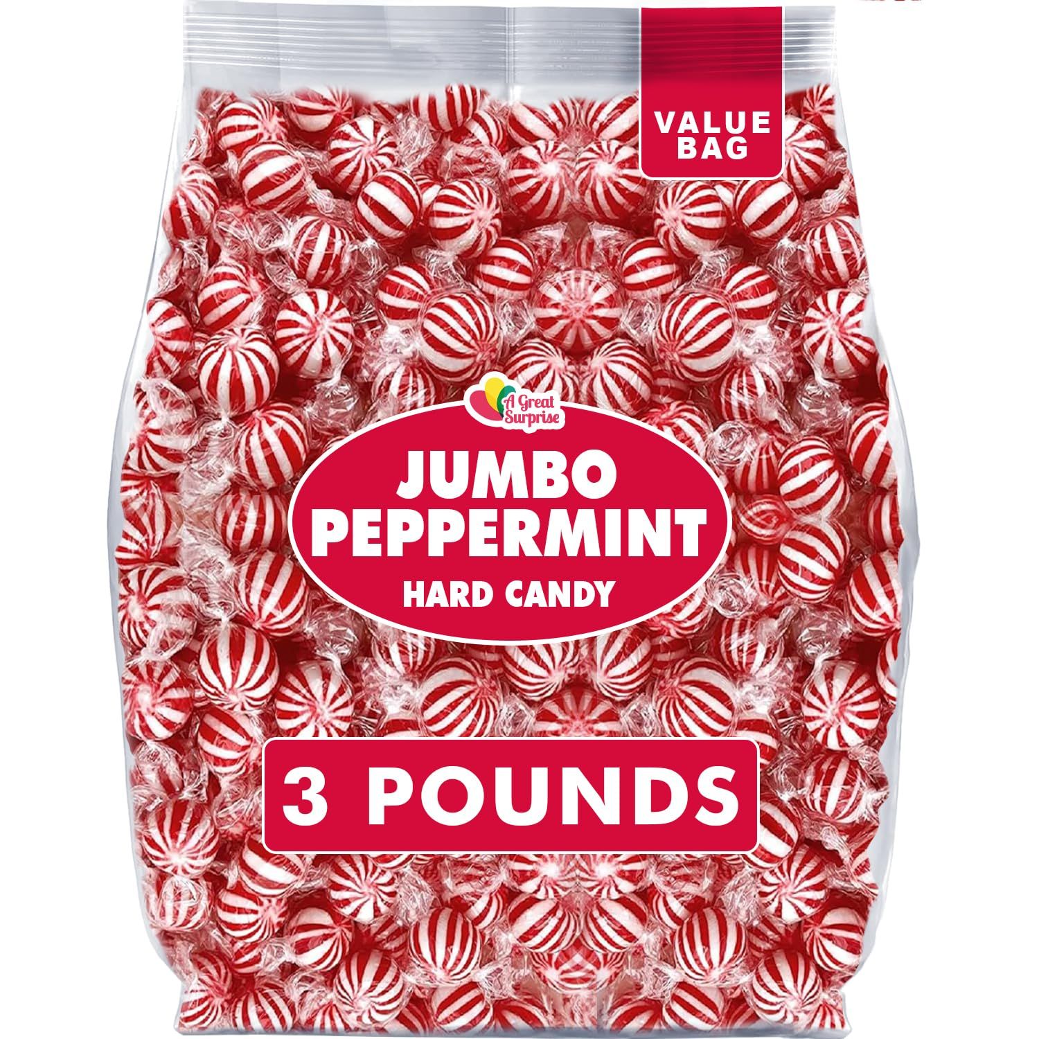 Peppermint Balls - 3 Pounds - Bulk Red Mint Hard Candy - Red and White Valentine&#39;s Day Candy - Bulk Individually Wrapped Mints